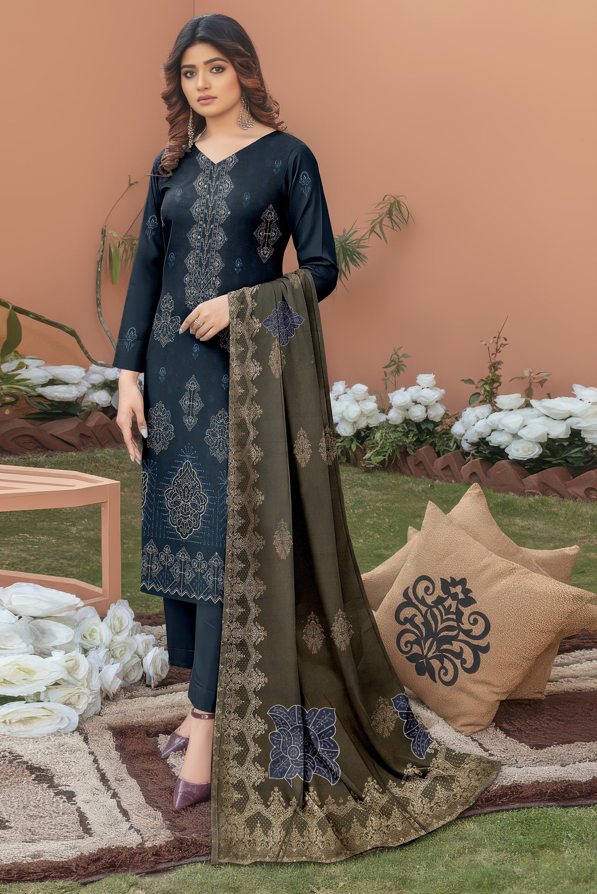 ANDLEEB PEACH WOOL EMB Shirt & Dupatta VOL-2555