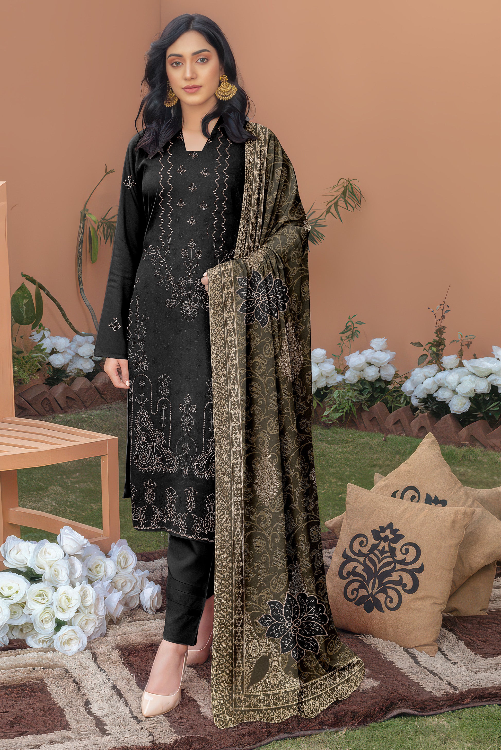 ANDLEEB PEACH WOOL EMB Shirt & Dupatta VOL-2555
