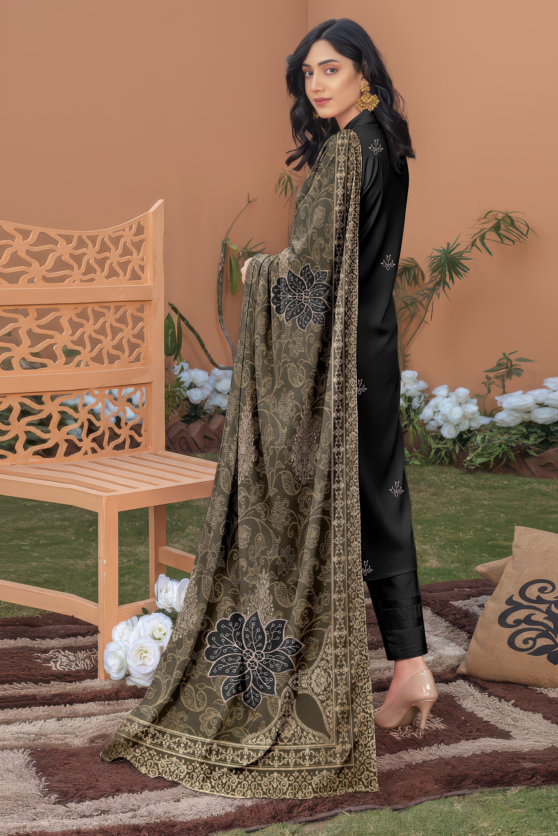 ANDLEEB PEACH WOOL EMB Shirt & Dupatta VOL-2555