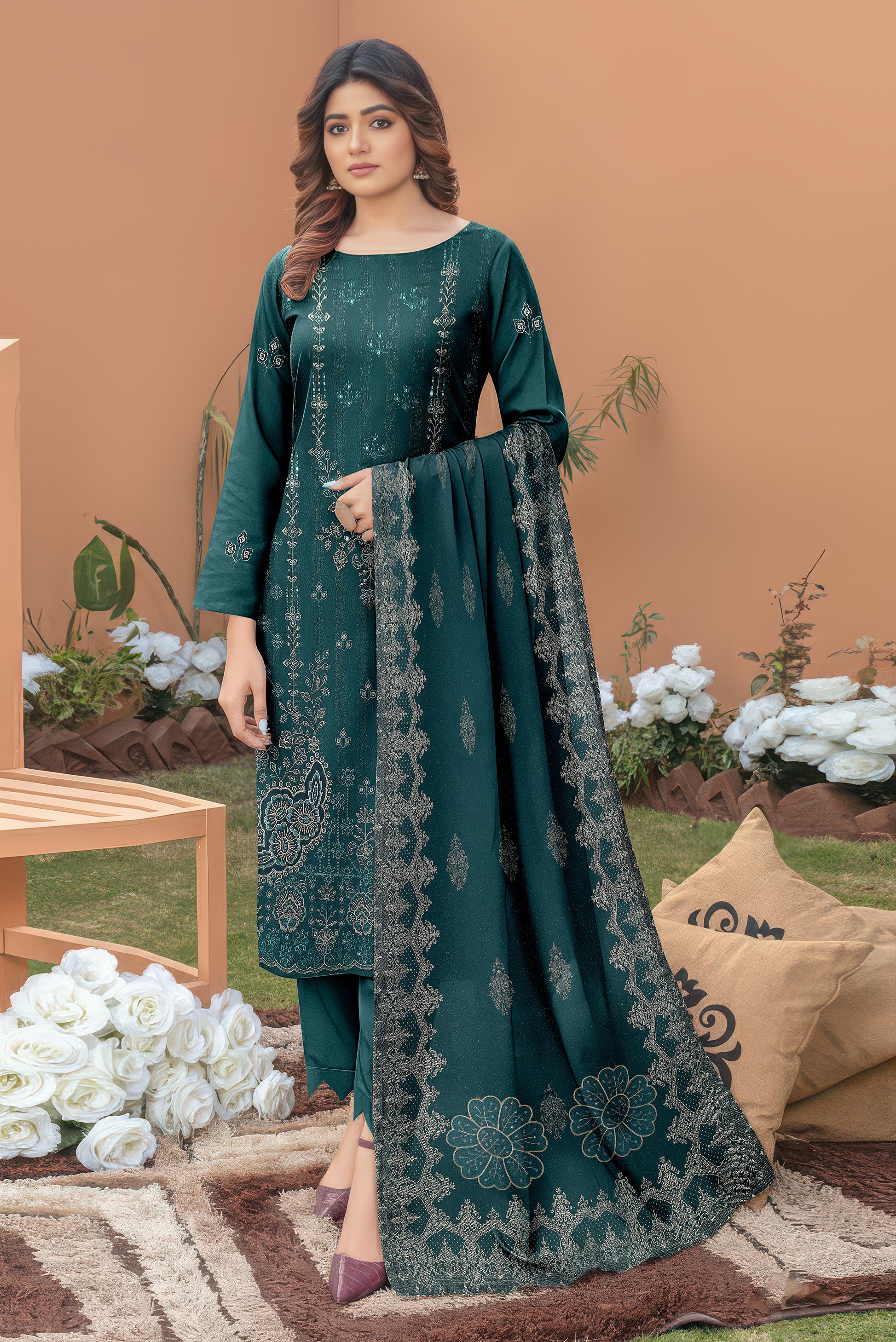 ANDLEEB PEACH WOOL EMB Shirt & Dupatta VOL-2555