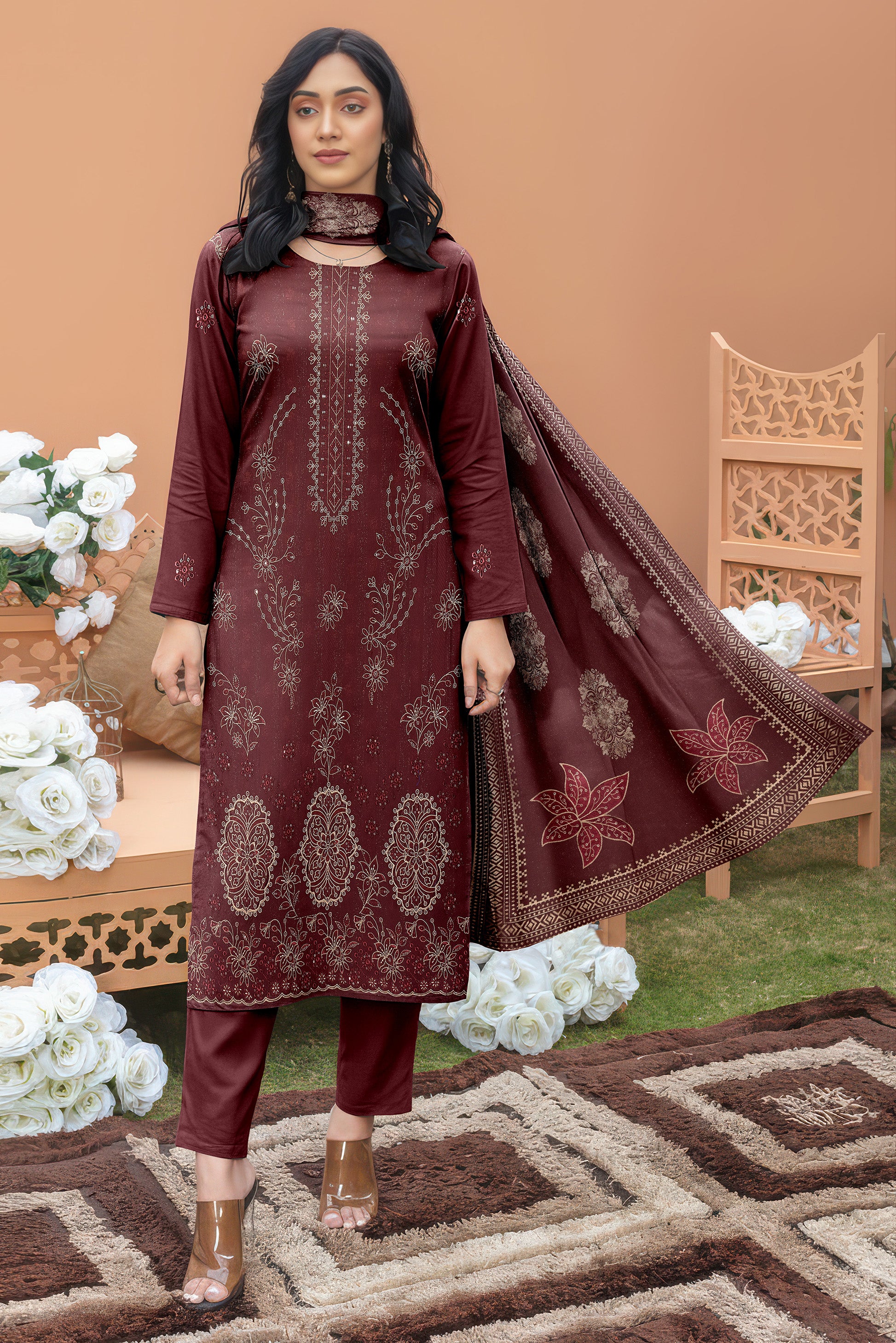 ANDLEEB PEACH WOOL EMB Shirt & Dupatta VOL-2555
