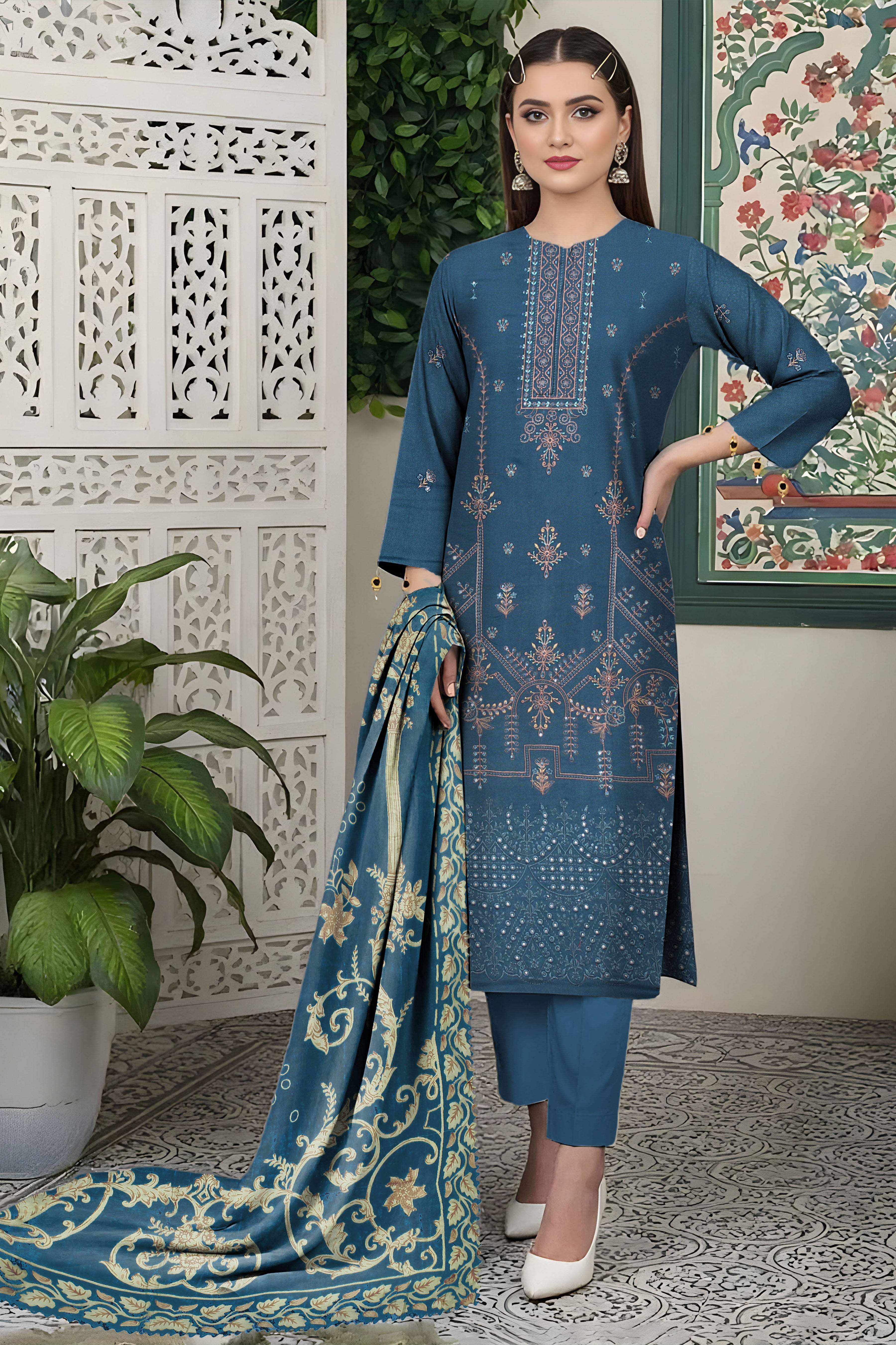 FANOOS PEACH WOOL EMB  Shirt & Dupatta VOL- 2531