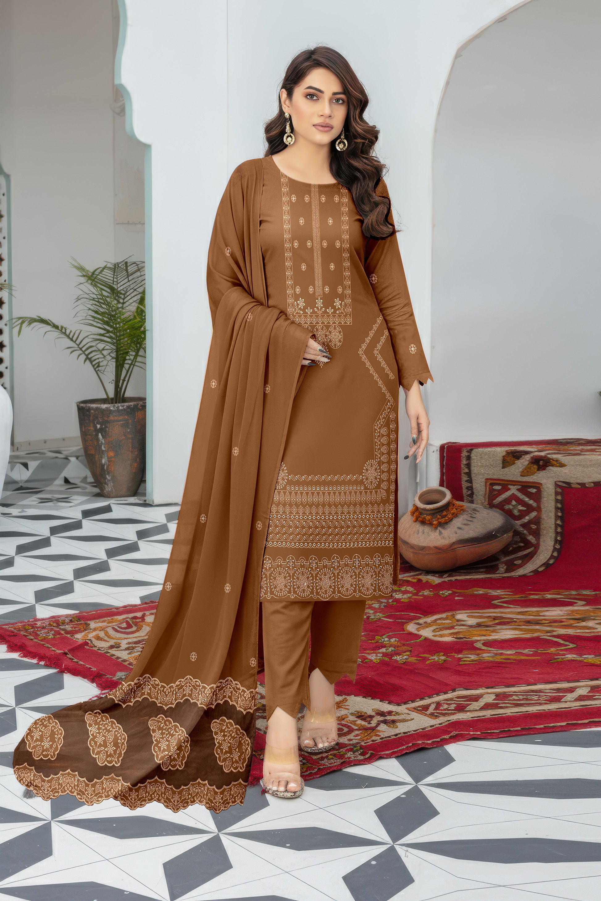 TAZEEM PEACH WOOL EMB Shirt & Dupatta VOL-2581
