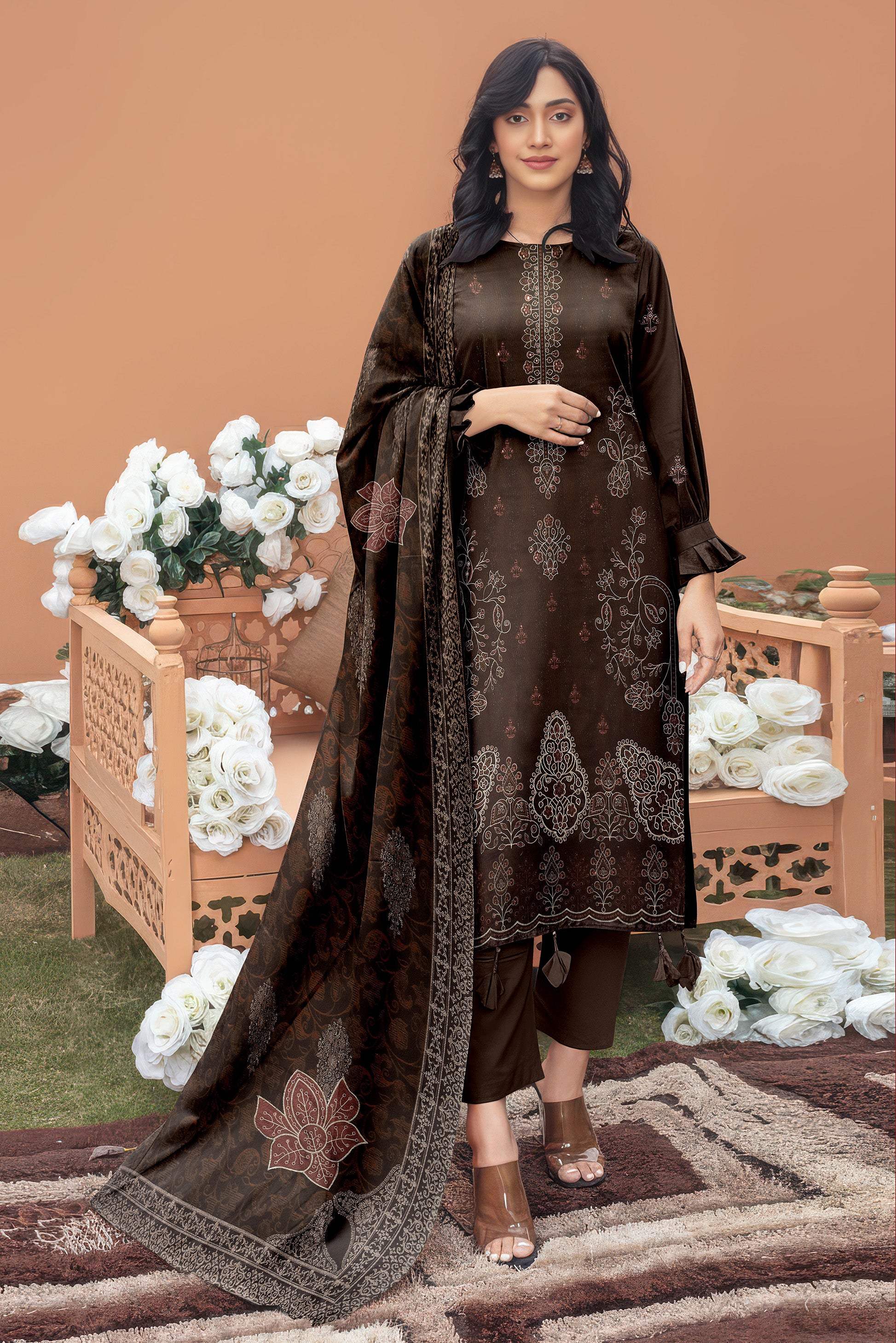 ANDLEEB PEACH WOOL EMB Shirt & Dupatta VOL-2555