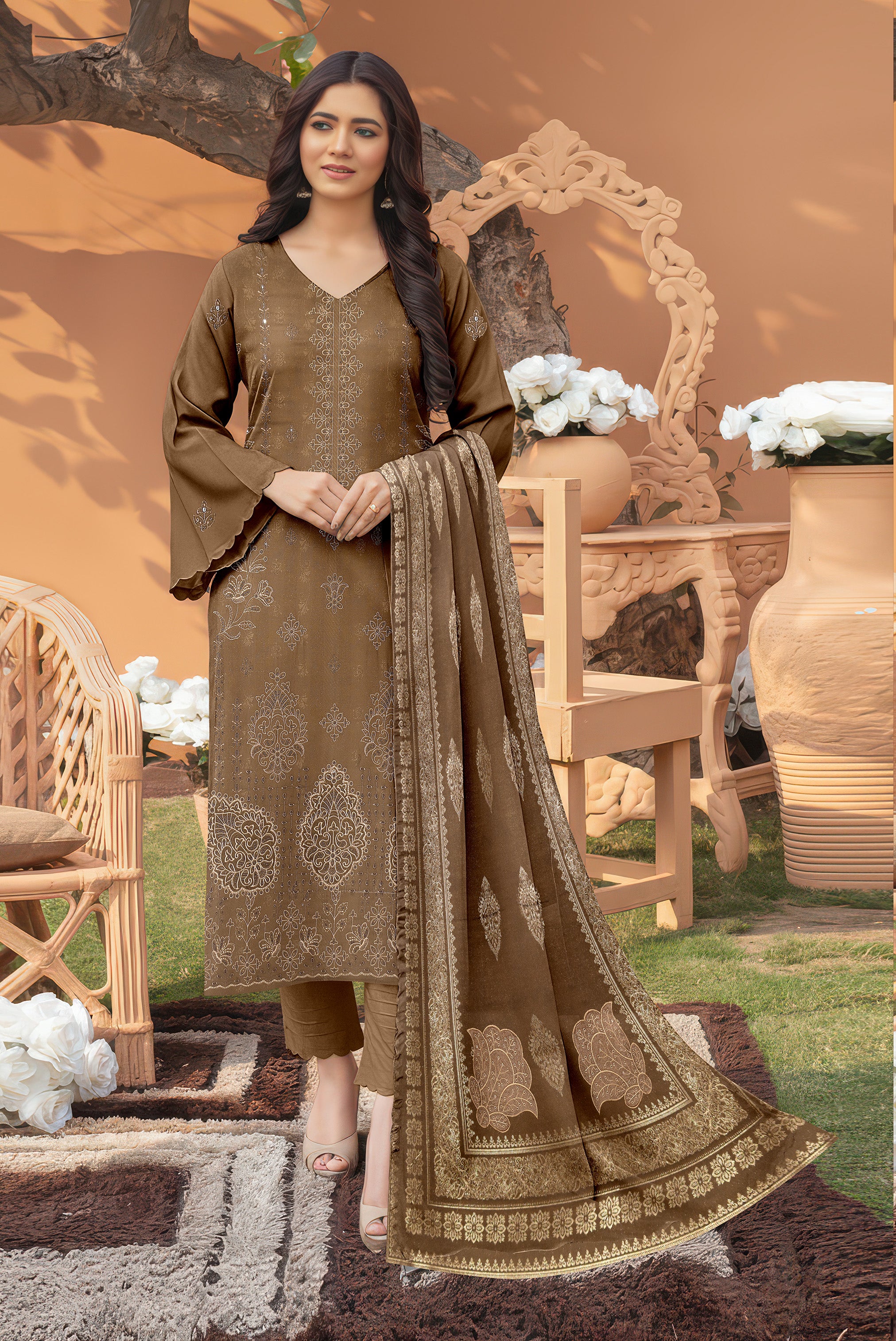 ANDLEEB PEACH WOOL EMB Shirt & Dupatta VOL-2555