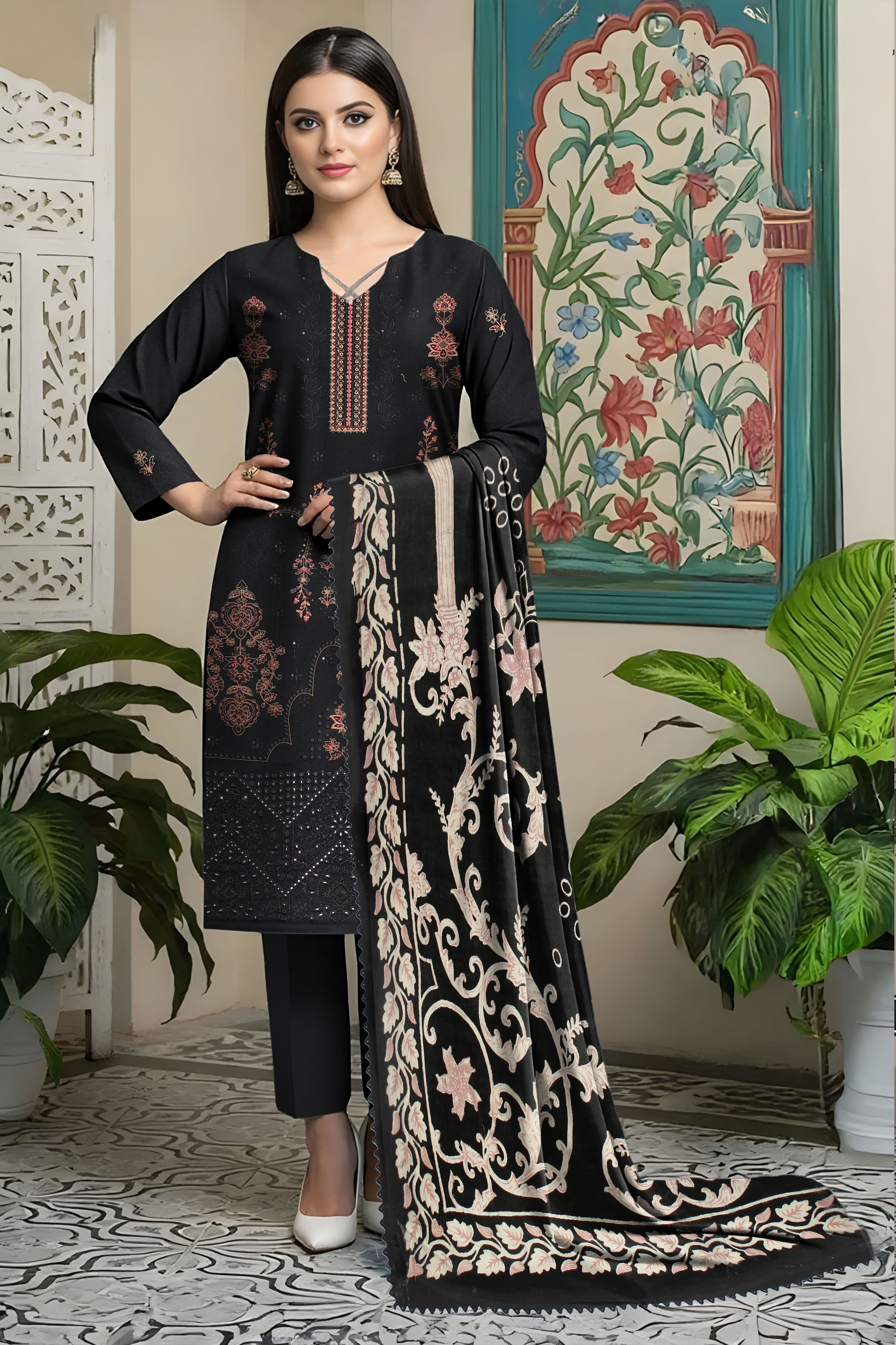 FANOOS PEACH WOOL EMB  Shirt & Dupatta VOL- 2531