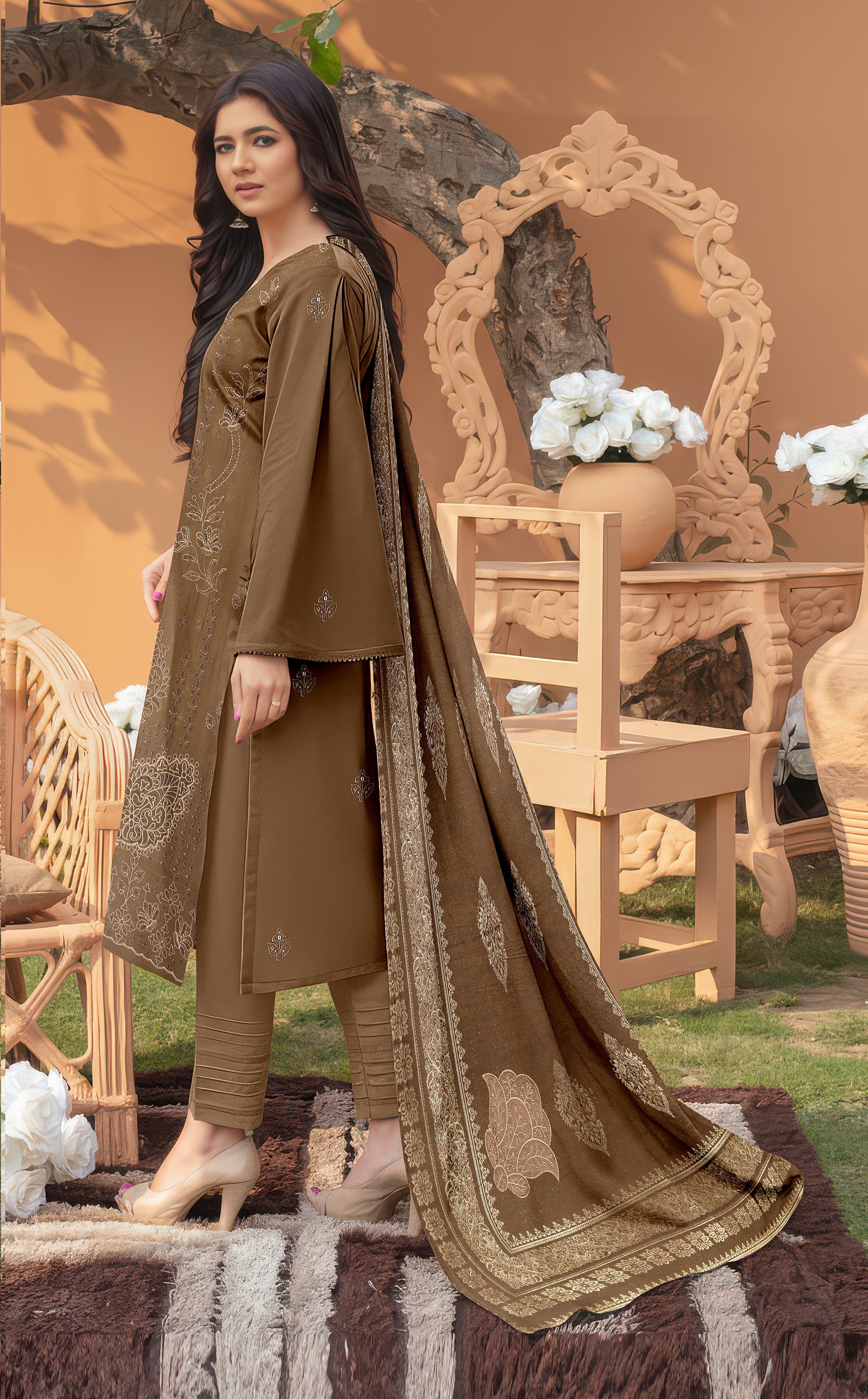 ANDLEEB PEACH WOOL EMB Shirt & Dupatta VOL-2555