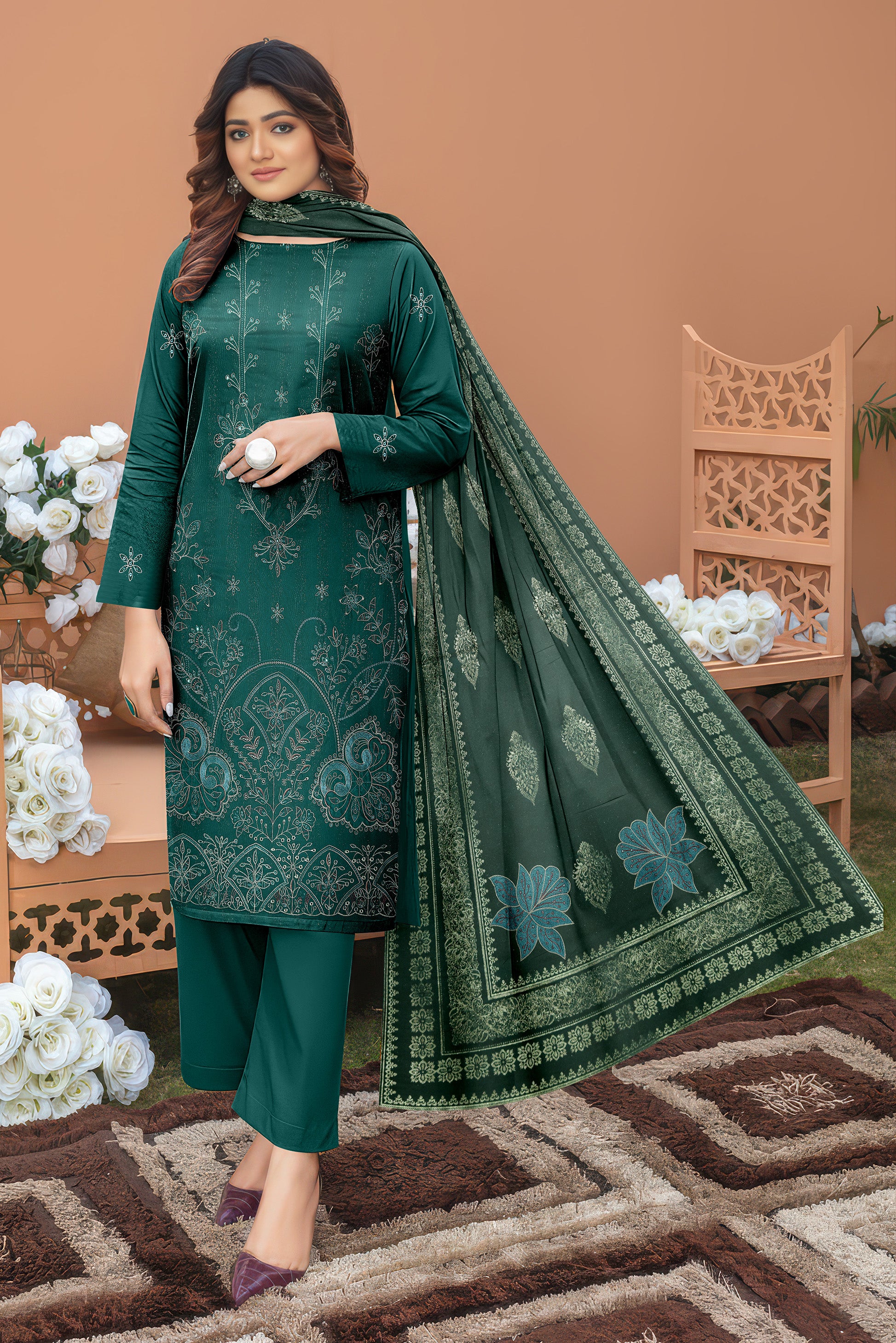 ANDLEEB PEACH WOOL EMB Shirt & Dupatta VOL-2555