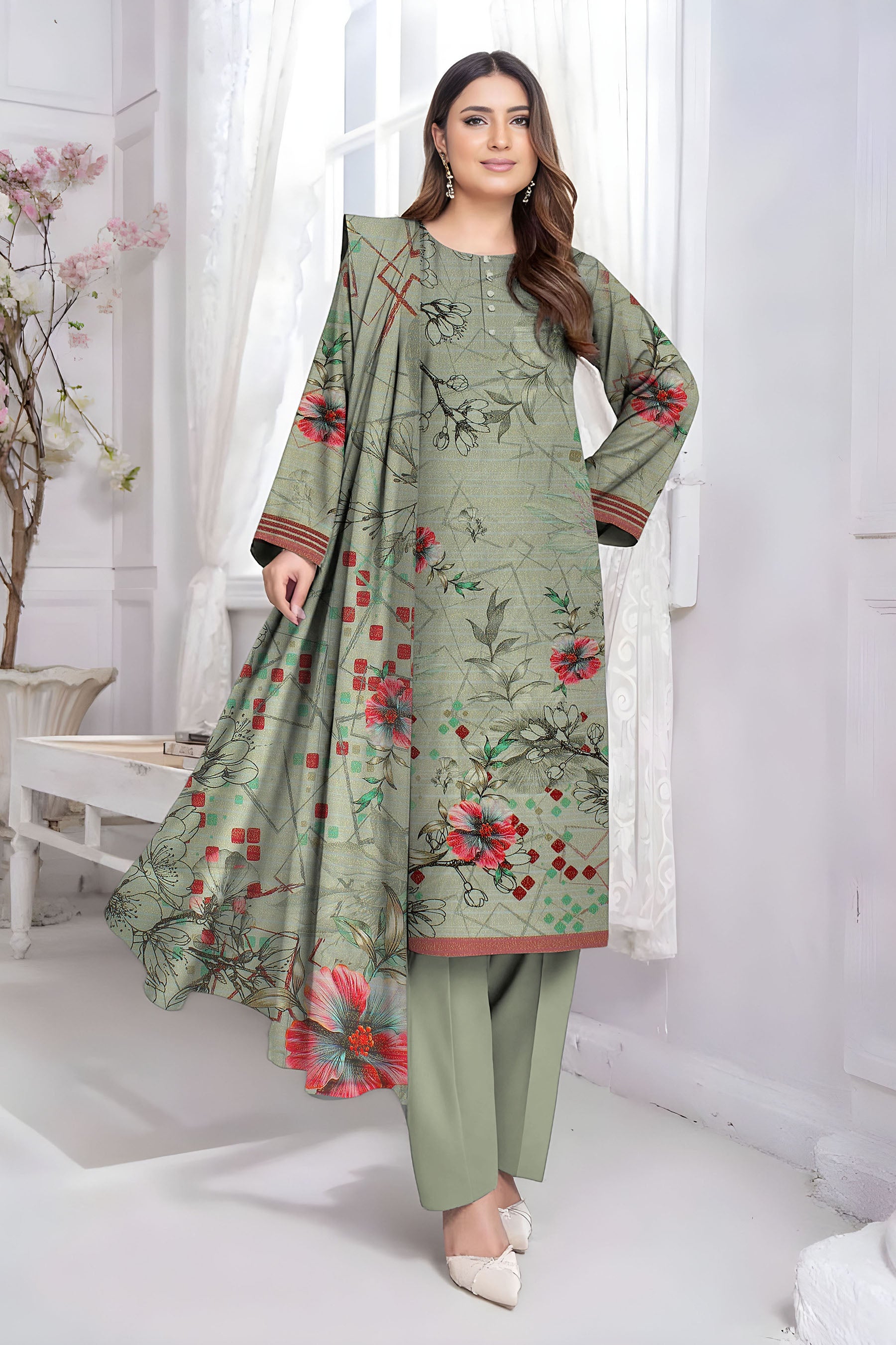 ALEEZAY PEACH WOOL PRINT Shirt & Dupatta VOL-2447