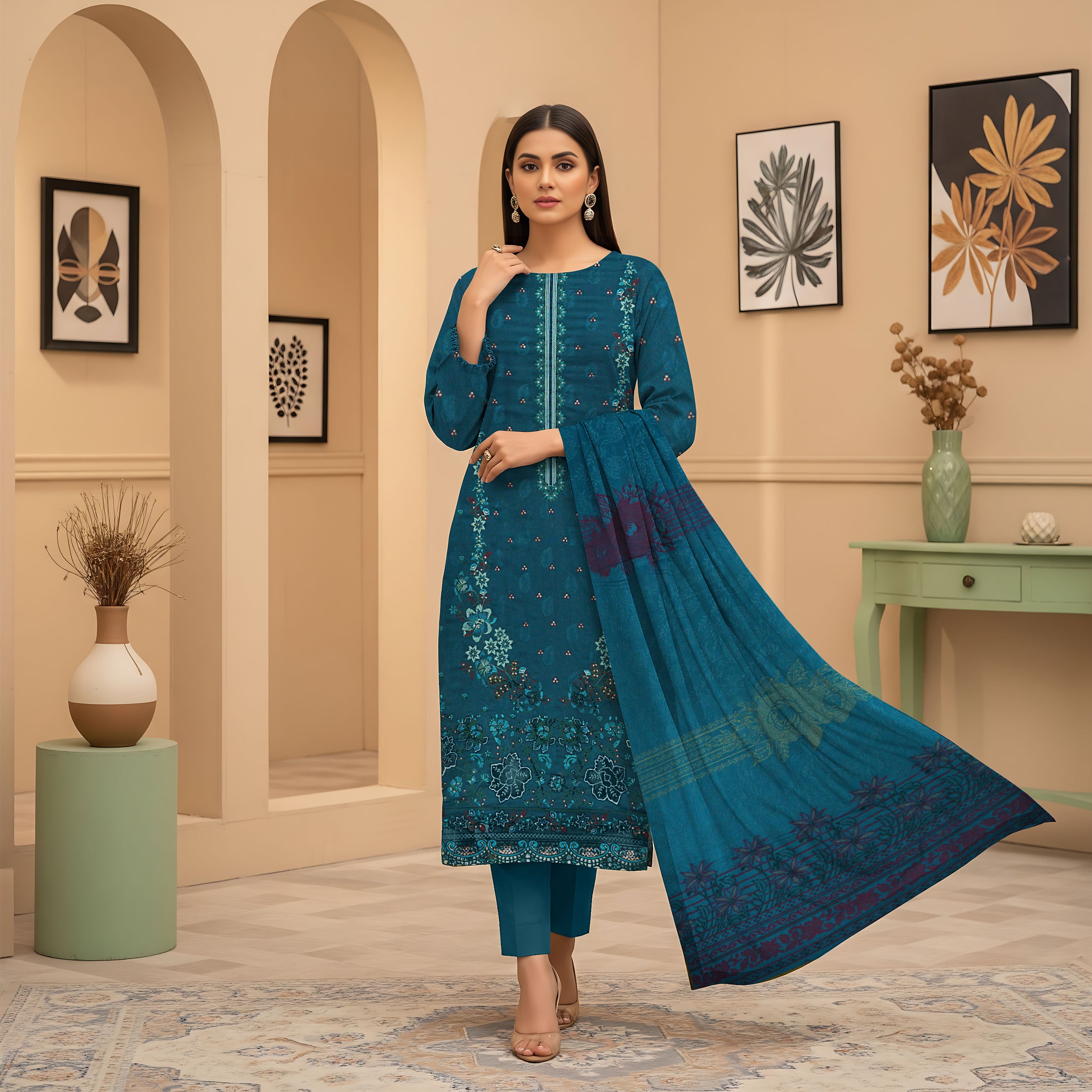 NOREEN PEACH WOOL PRINT  Shirt & Dupatta VOL- 2554