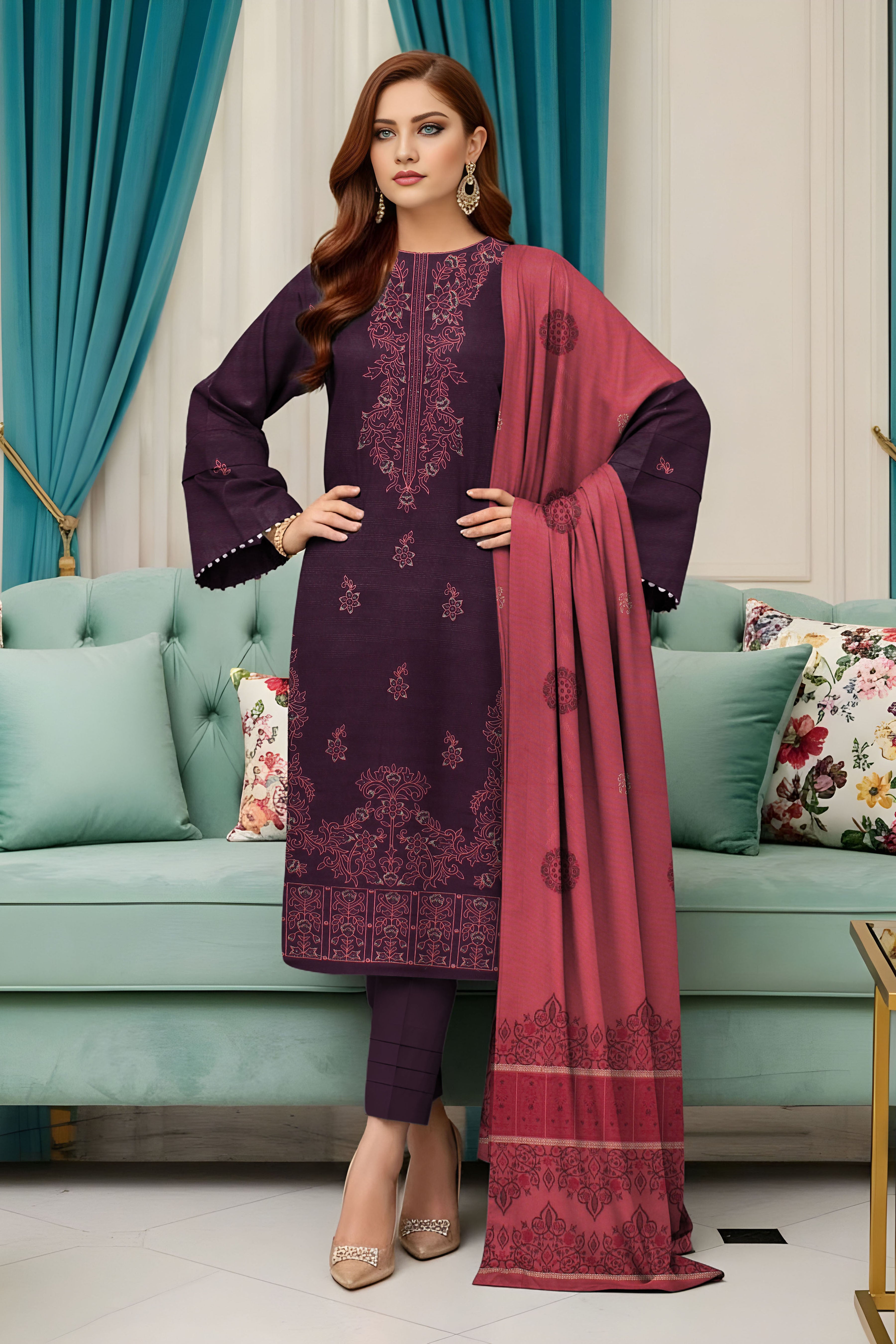 AFSHEEN PEACH WOOL EMB Shirt & Dupatta VOL-2560