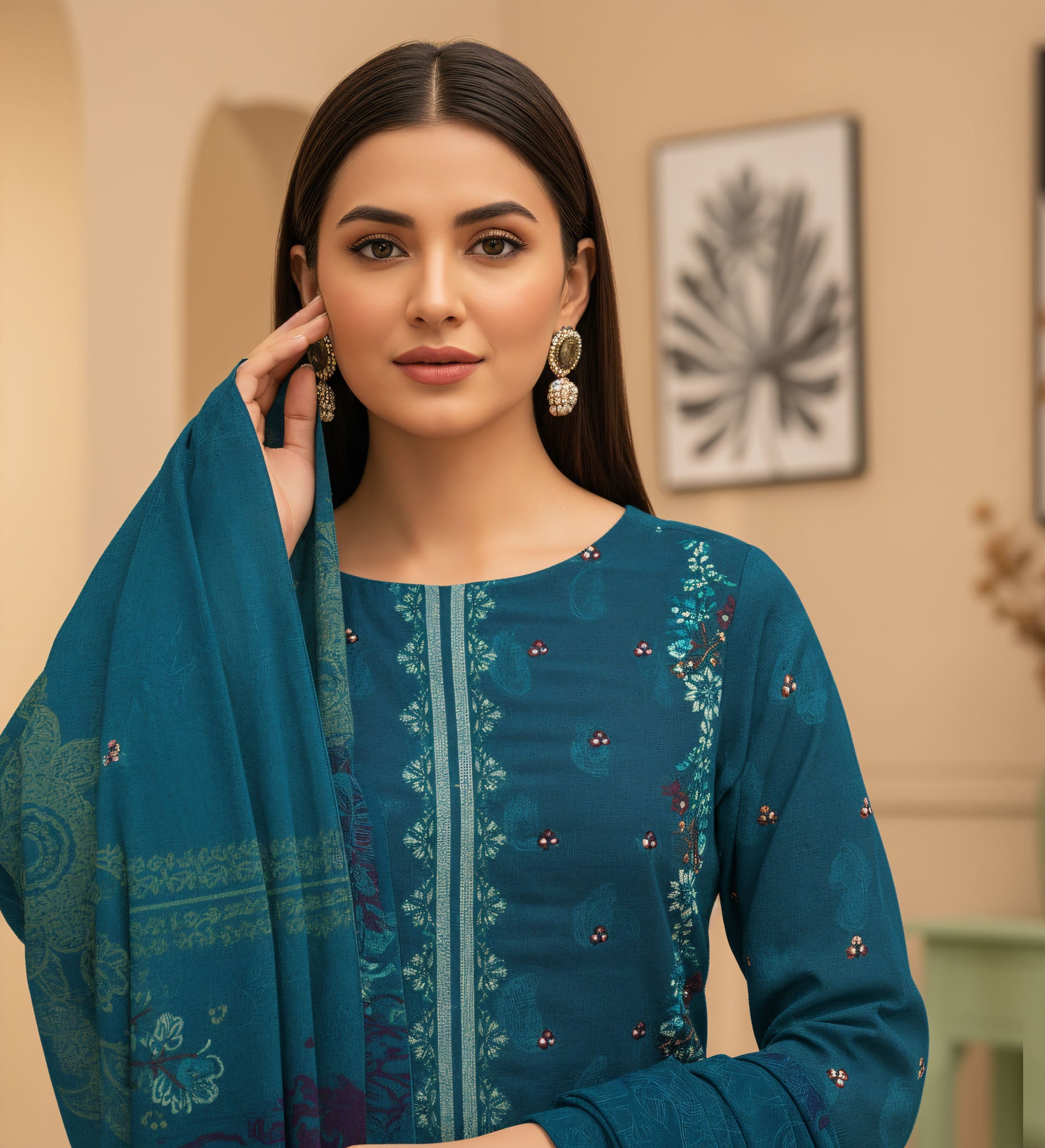 NOREEN PEACH WOOL PRINT  Shirt & Dupatta VOL- 2554