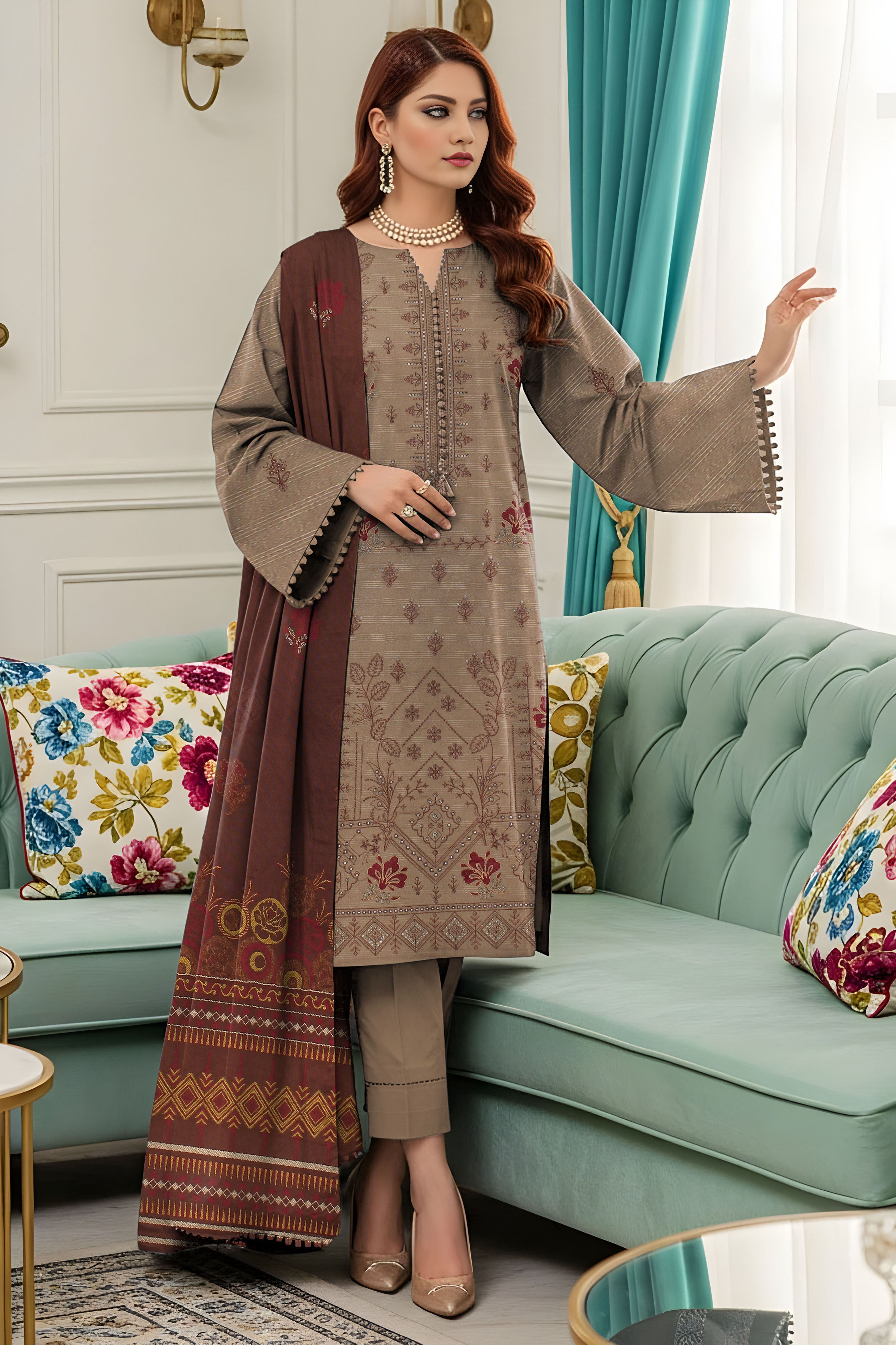 AFSHEEN PEACH WOOL EMB Shirt & Dupatta VOL-2560
