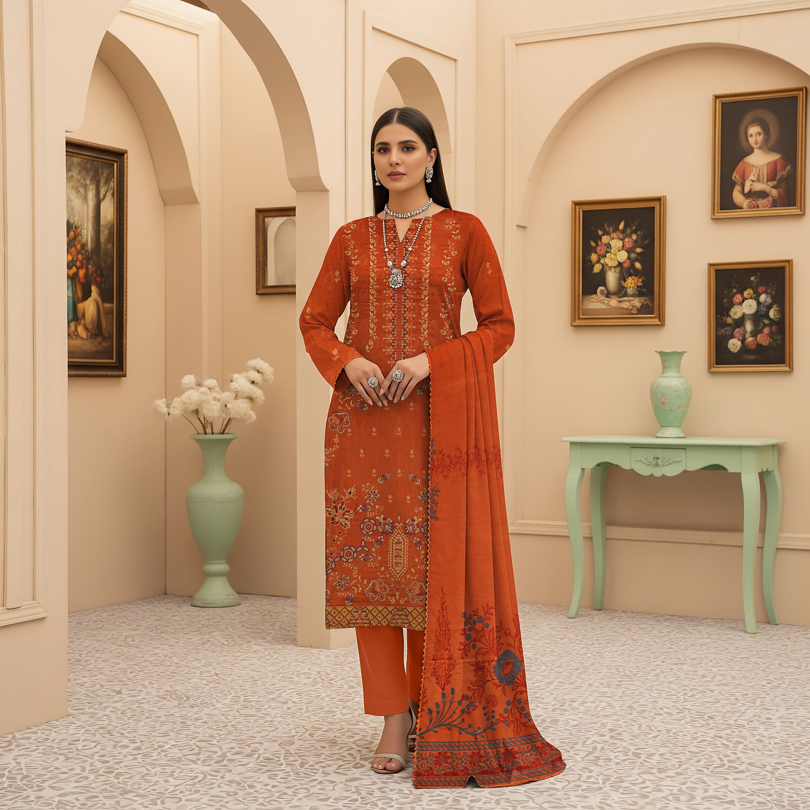 NOREEN PEACH WOOL PRINT  Shirt & Dupatta VOL- 2554