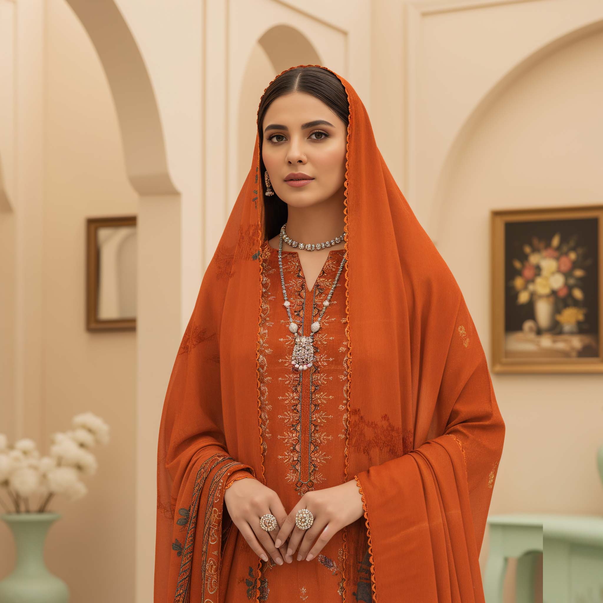 NOREEN PEACH WOOL PRINT  Shirt & Dupatta VOL- 2554