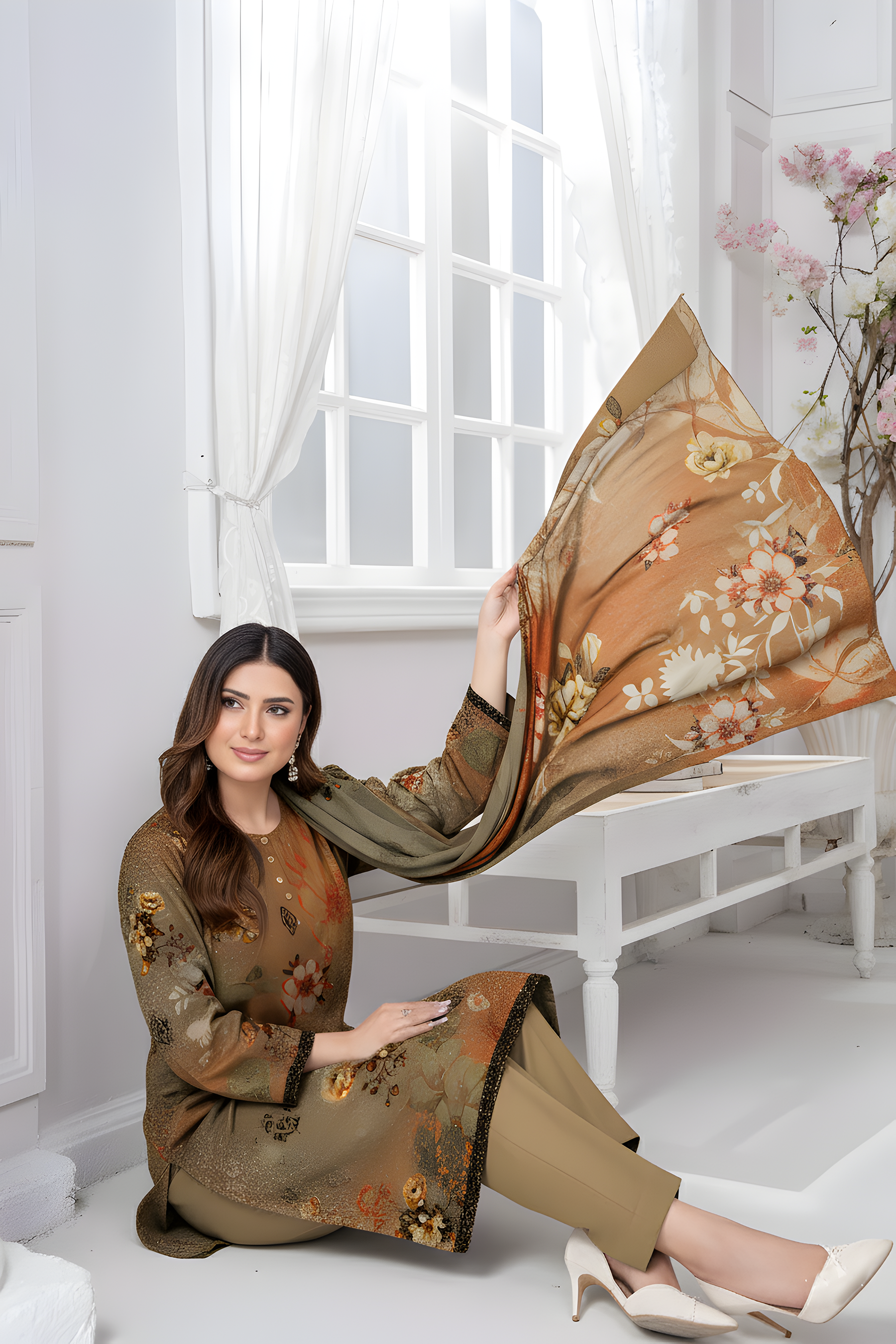 ALEEZAY PEACH WOOL PRINT Shirt & Dupatta VOL-2447