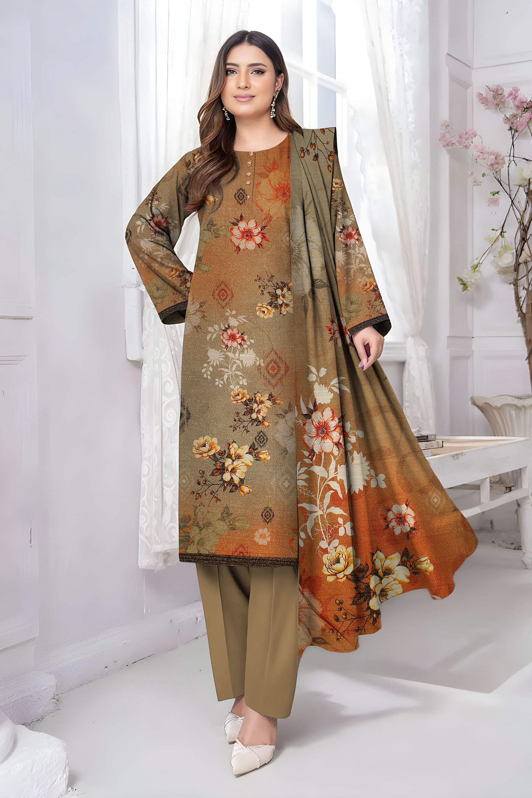 ALEEZAY PEACH WOOL PRINT Shirt & Dupatta VOL-2447