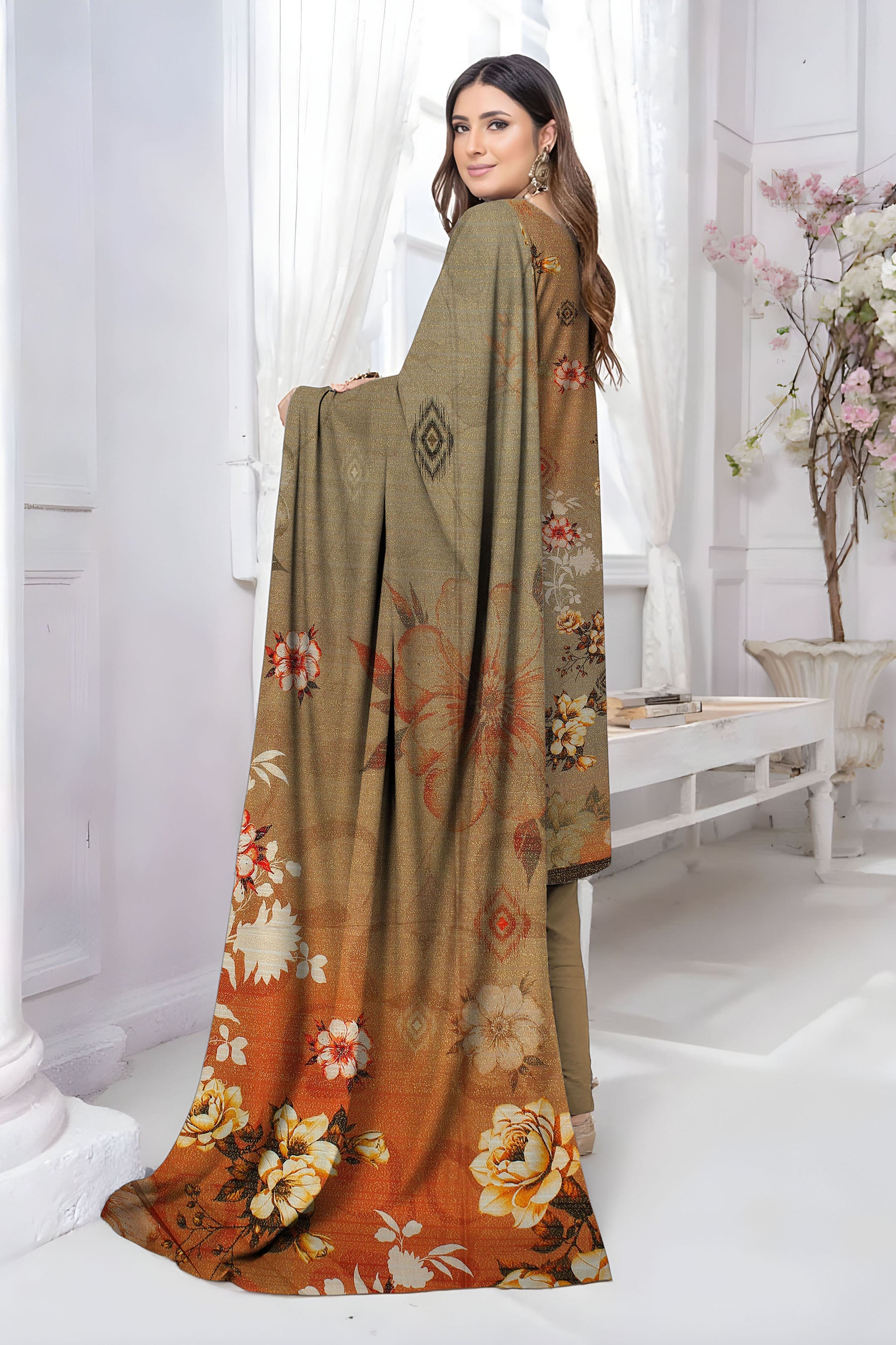 ALEEZAY PEACH WOOL PRINT Shirt & Dupatta VOL-2447