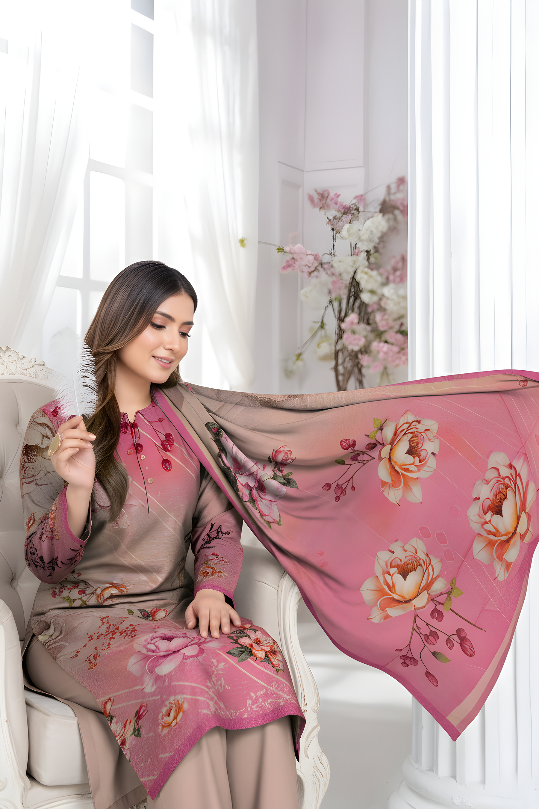 ALEEZAY PEACH WOOL PRINT Shirt & Dupatta VOL-2447