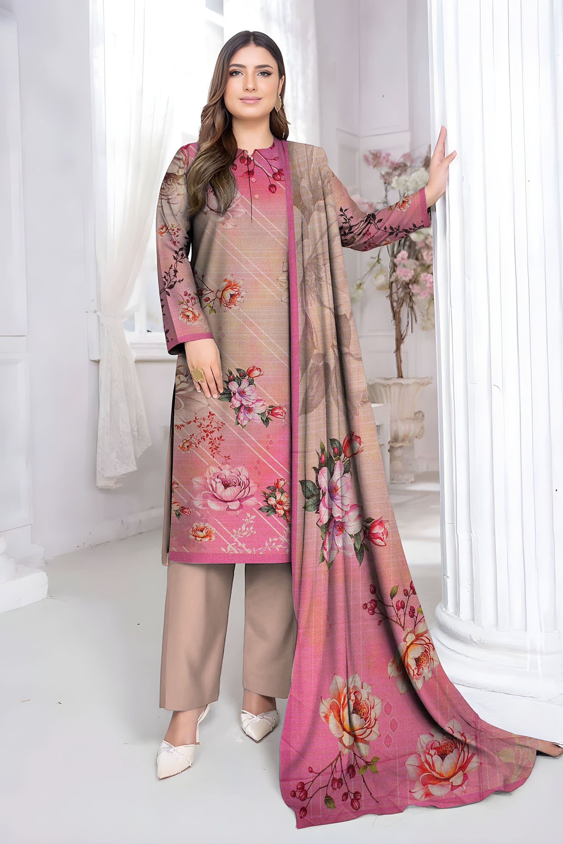 ALEEZAY PEACH WOOL PRINT Shirt & Dupatta VOL-2447