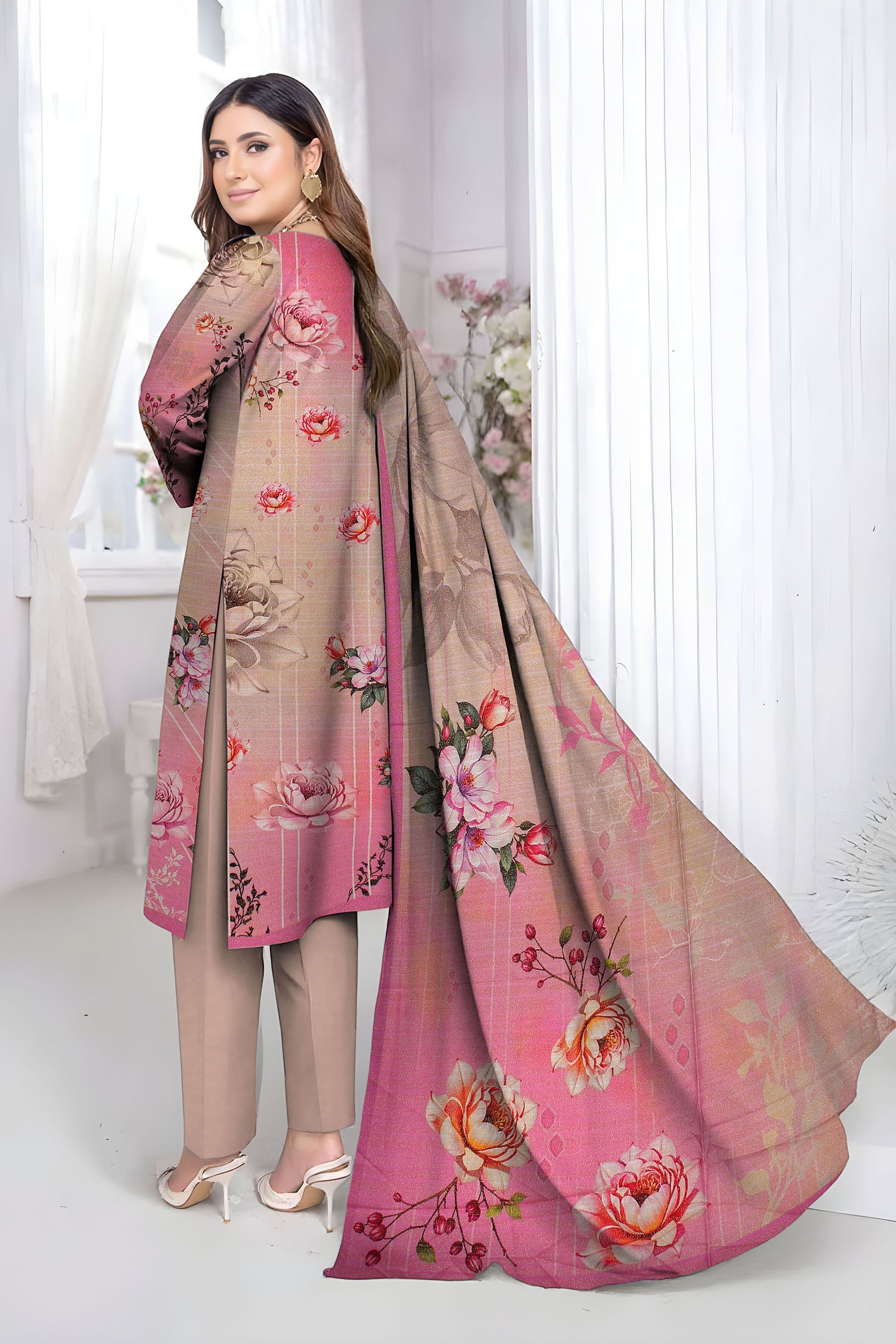 ALEEZAY PEACH WOOL PRINT Shirt & Dupatta VOL-2447