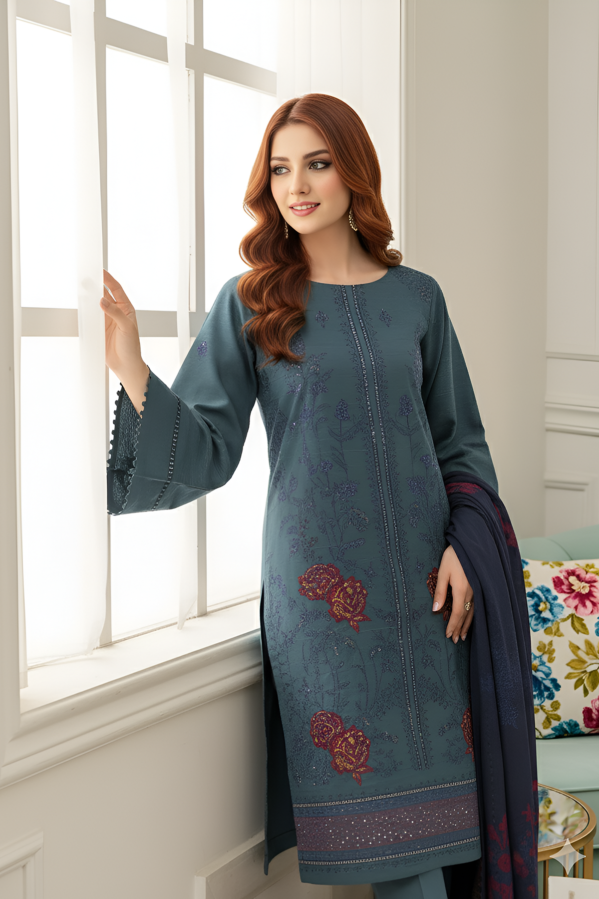 AFSHEEN PEACH WOOL EMB Shirt & Dupatta VOL-2560