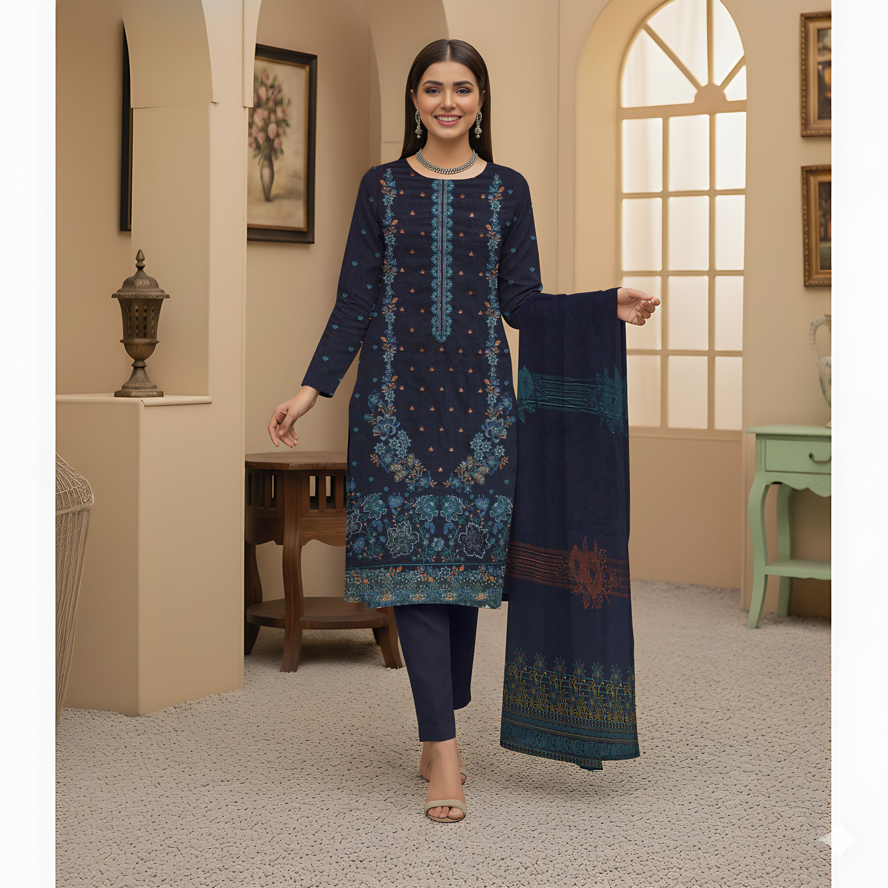 NOREEN PEACH WOOL PRINT  Shirt & Dupatta VOL- 2554