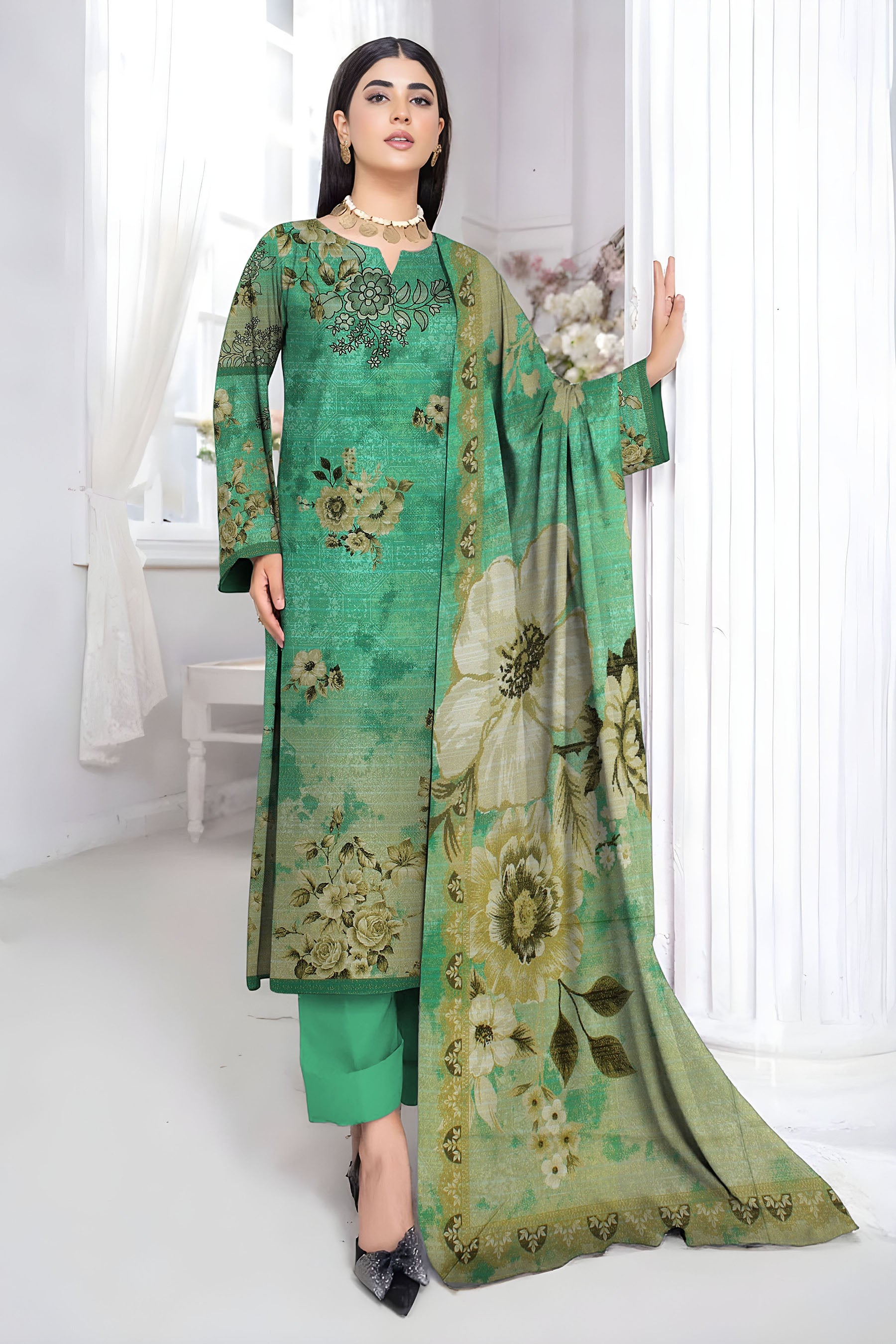 ALEEZAY PEACH WOOL PRINT Shirt & Dupatta VOL-2447