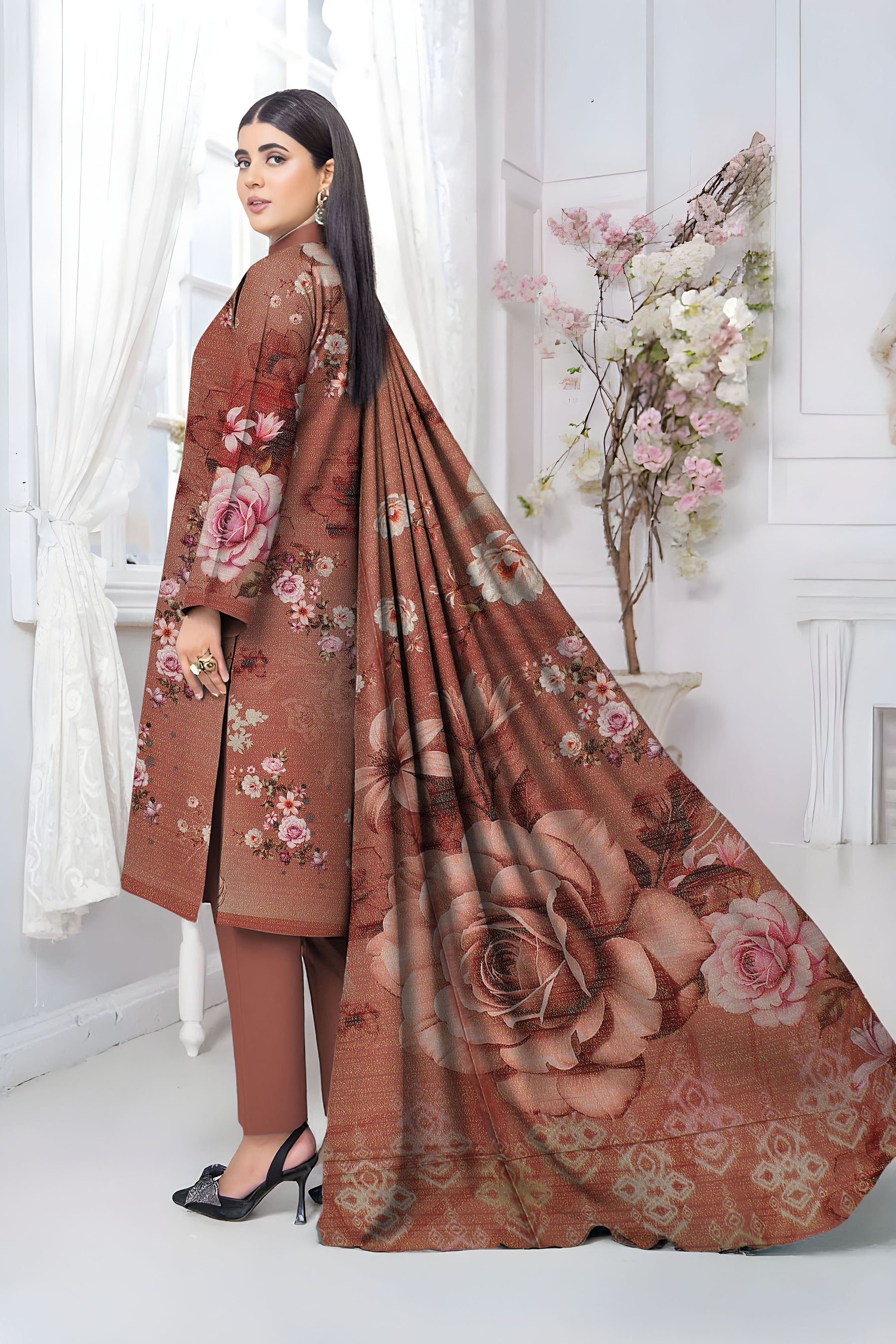 ALEEZAY PEACH WOOL PRINT Shirt & Dupatta VOL-2447