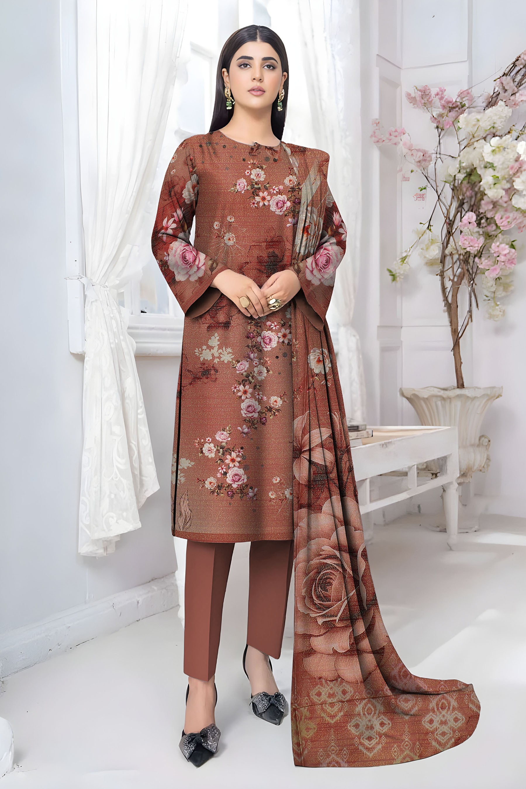 ALEEZAY PEACH WOOL PRINT Shirt & Dupatta VOL-2447