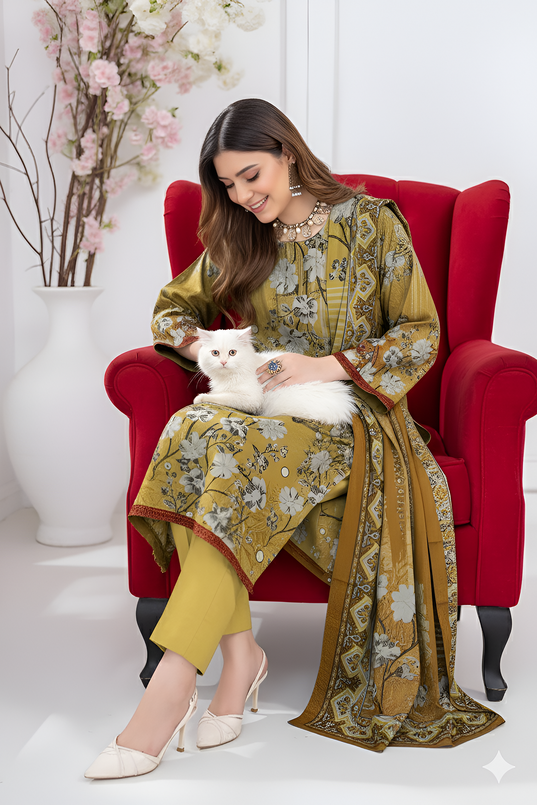 ALEEZAY PEACH WOOL PRINT Shirt & Dupatta VOL-2447