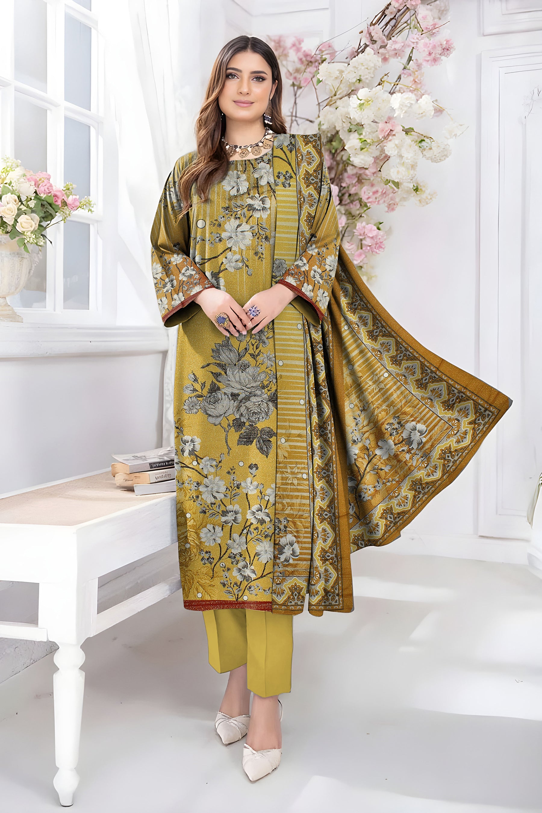 ALEEZAY PEACH WOOL PRINT Shirt & Dupatta VOL-2447